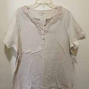 Croft & Barrow cream short sleeve embroidered lace v-neck top - 1x - NWT